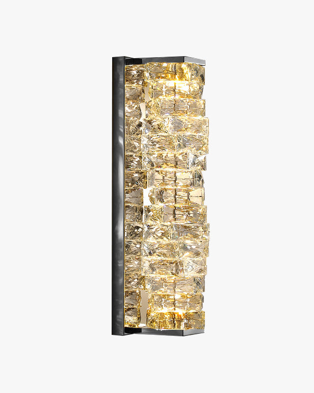 Luxury vertical crystal wall sconce with layered clear crystal blocks and a reflective side plate