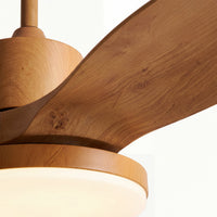 Close-up of the wood blade ceiling fan with light, showing curved wooden blades and the integrated LED light unit.