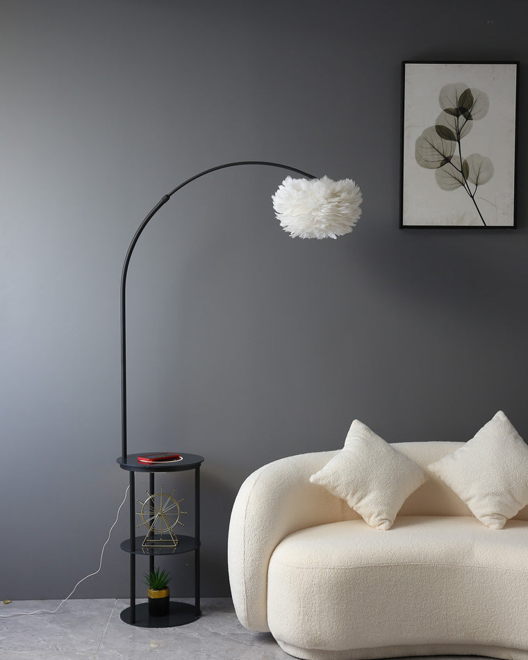 WOMO Dimmable Arc Feather Floor Lamp with Charging Shelves-WM7056