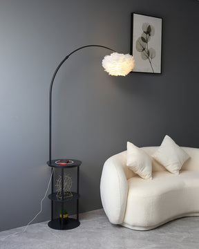 WOMO Dimmable Arc Feather Floor Lamp with Charging Shelves-WM7056