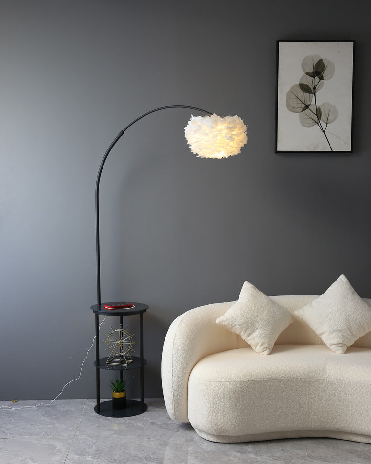 WOMO Dimmable Arc Feather Floor Lamp with Charging Shelves-WM7056