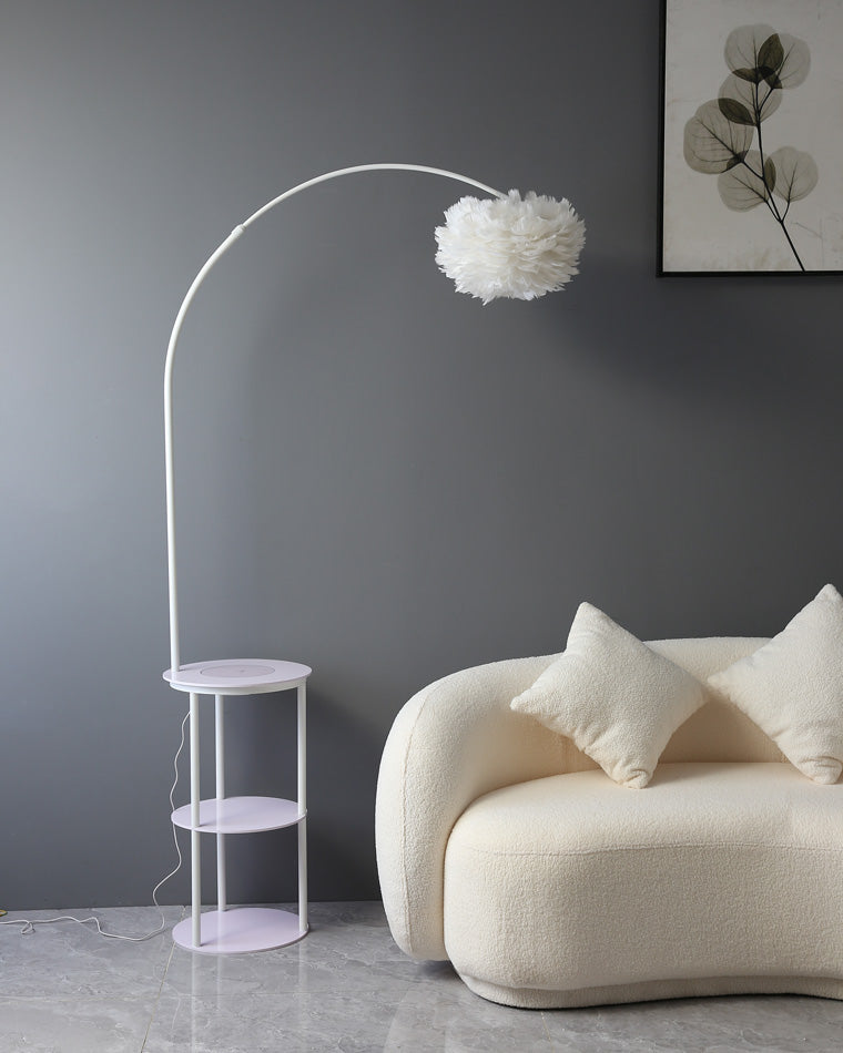 WOMO Dimmable Arc Feather Floor Lamp with Charging Shelves-WM7056