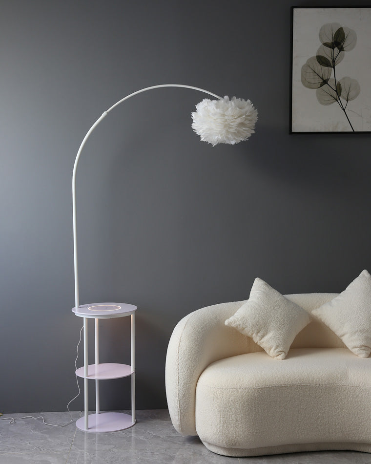 WOMO Dimmable Arc Feather Floor Lamp with Charging Shelves-WM7056