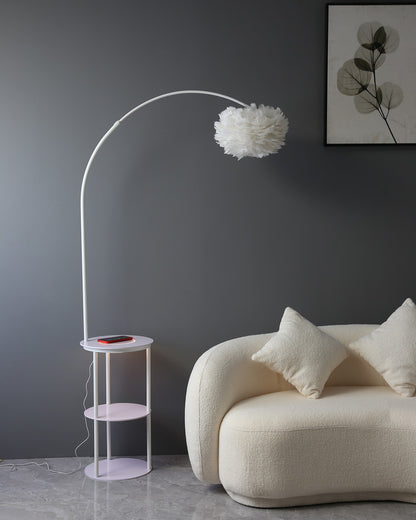 WOMO Dimmable Arc Feather Floor Lamp with Charging Shelves-WM7056