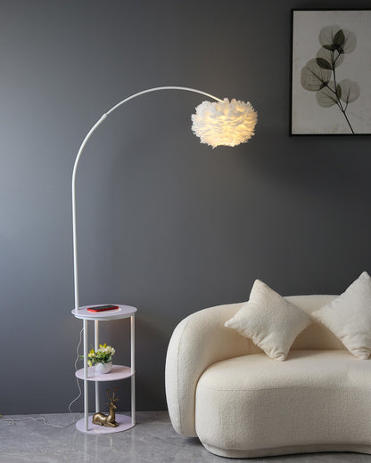 WOMO Dimmable Arc Feather Floor Lamp with Charging Shelves-WM7056