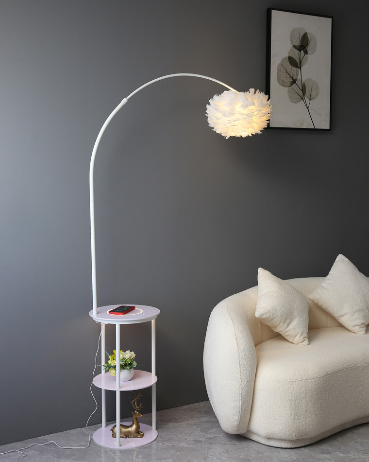 WOMO Dimmable Arc Feather Floor Lamp with Charging Shelves-WM7056