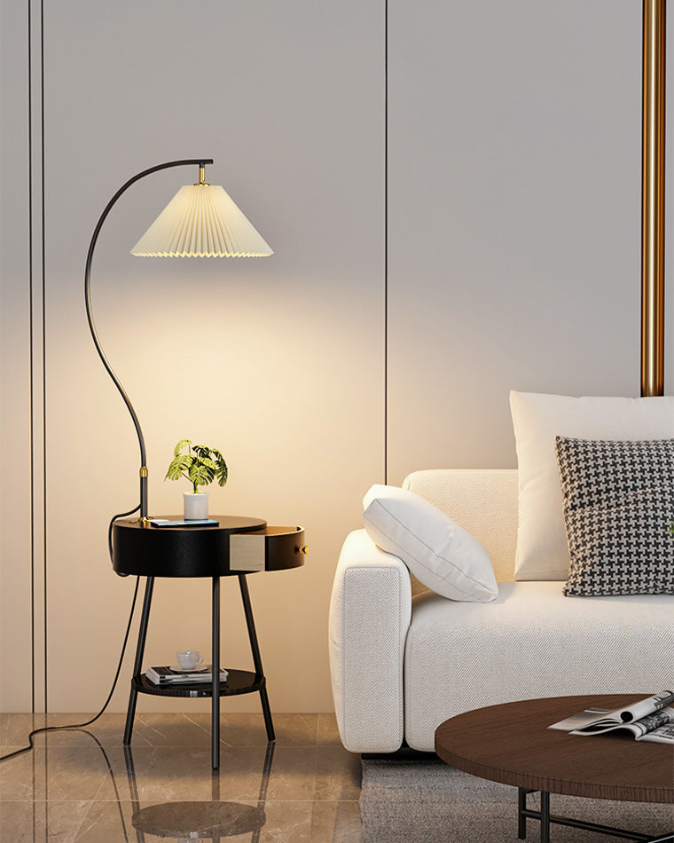 WOMO Pleated Gooseneck Tripod Floor Lamp with Table-WM7069