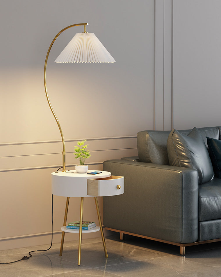 WOMO Pleated Gooseneck Tripod Floor Lamp with Table-WM7069