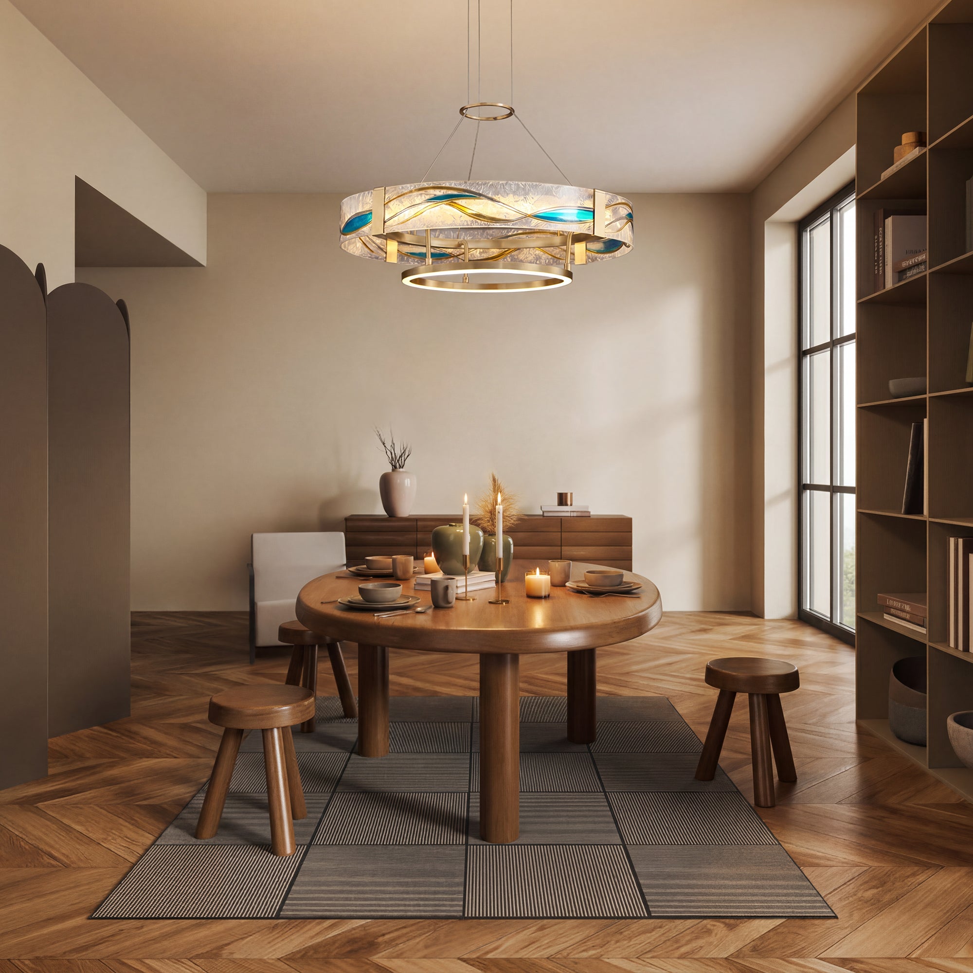 Enamel round brass chandelier above a round wood dining table, adding warm ambient light and decorative depth to a contemporary dining space.
