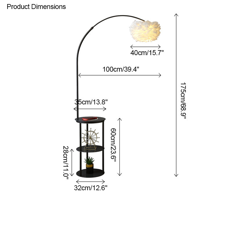 WOMO Dimmable Arc Feather Floor Lamp with Charging Shelves-WM7056