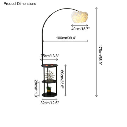 WOMO Dimmable Arc Feather Floor Lamp with Charging Shelves-WM7056