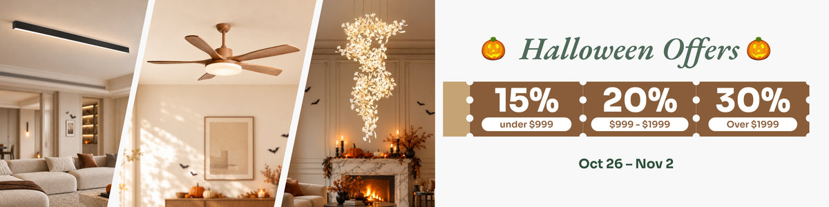 WOMO Halloween Offers desktop banner with a black circular ring chandelier above a dining table and 15%, 20% and 30% discount callouts