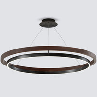 A walnut modern farmhouse chandelier with two circular tiers, integrated LED strips, and a refined dark wood finish for warm contemporary rooms.