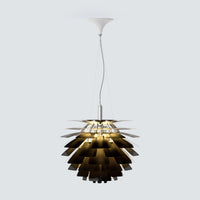 Black pinecone pendant light with layered metal shades, creating a bold sculptural look with warm white light.