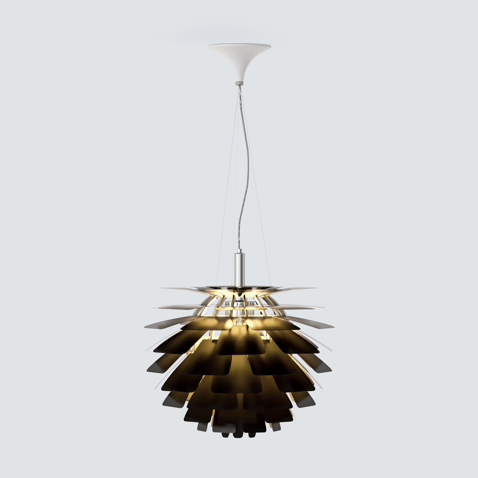 Black pinecone pendant light with layered metal shades, creating a bold sculptural look with warm white light.