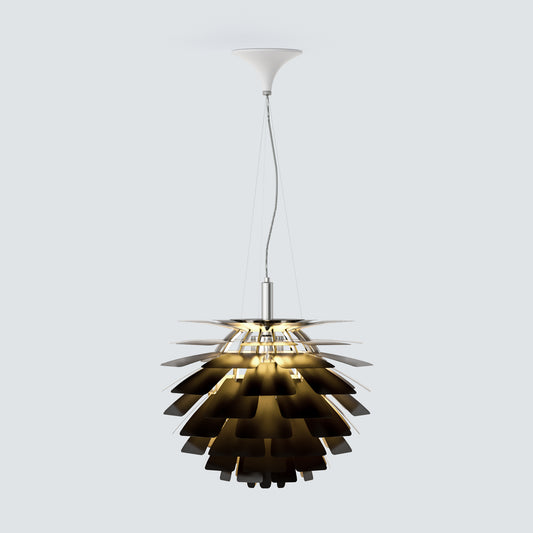Black pinecone pendant light with layered metal shades, creating a bold sculptural look with warm white light.