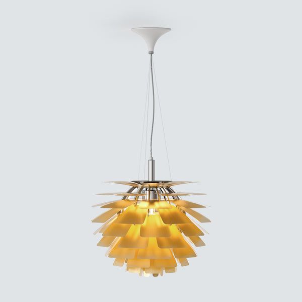 Gold pinecone pendant light with layered metal shades and a slim hanging cord on a light gray background.