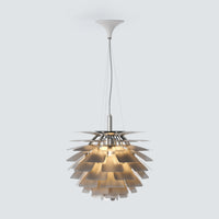 Silver and brass pinecone pendant light with layered metal shades, shown as a Nordic hanging fixture.