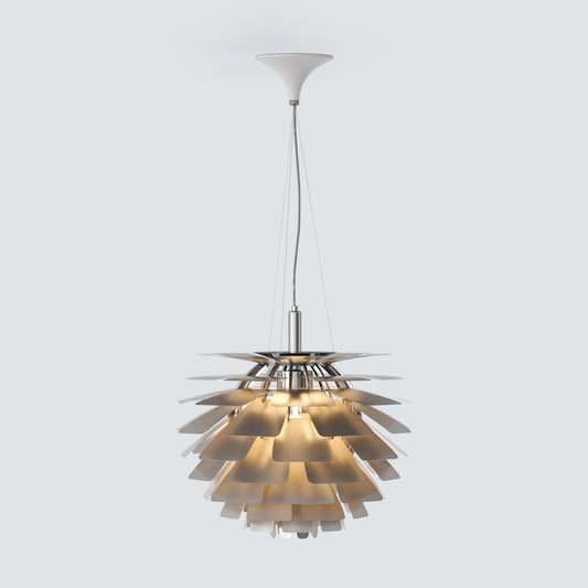 Silver and brass pinecone pendant light with layered metal shades, shown as a Nordic hanging fixture.