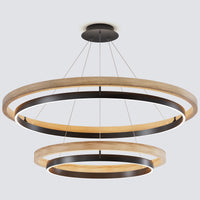 A grand layered dining room chandelier with two circular weathered wood rings, warm LED glow, and a suspended design for high-ceiling dining spaces.