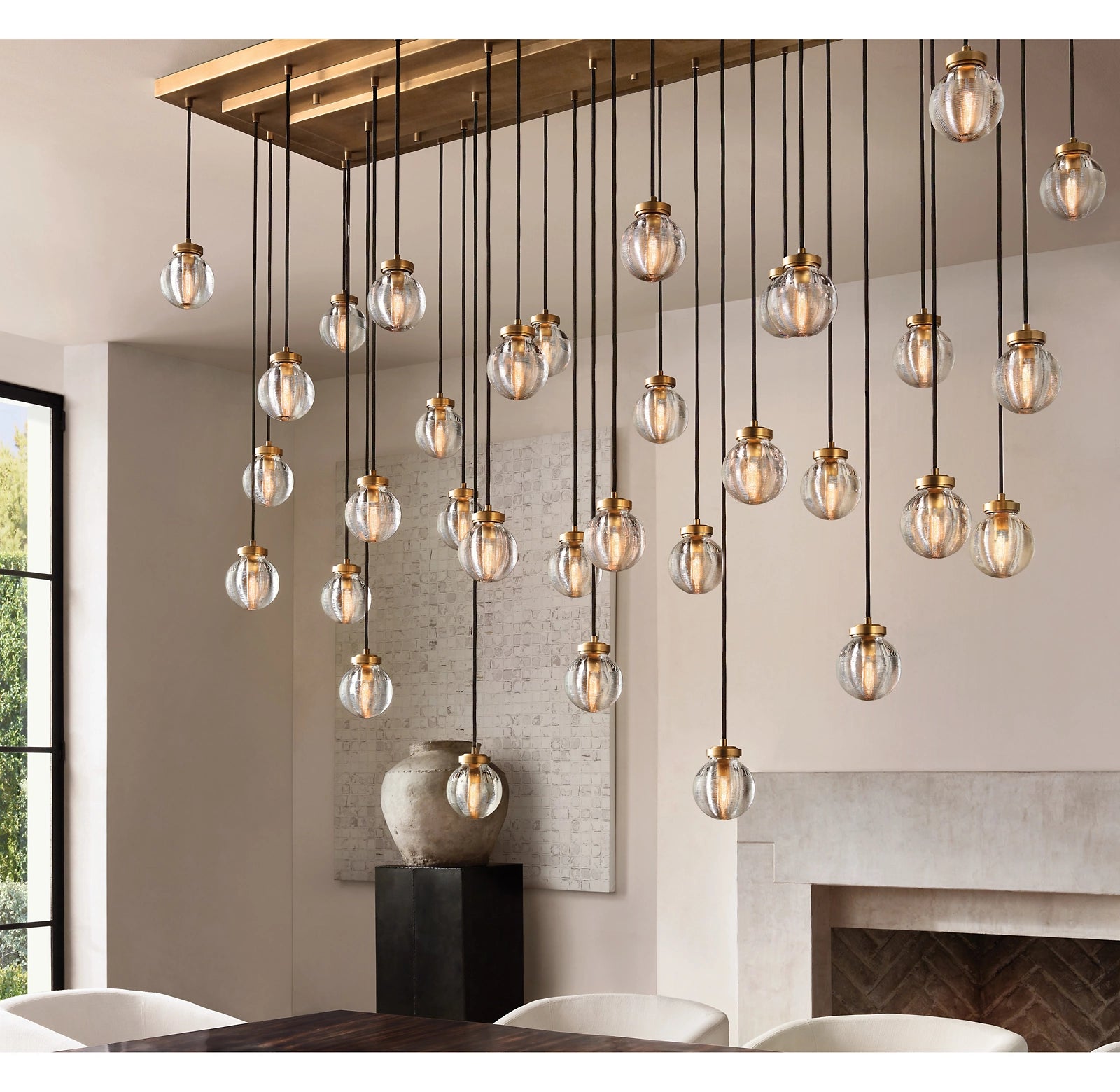 WOMO Ribbed Glass Globe Rectangular Chandelier - Pearl