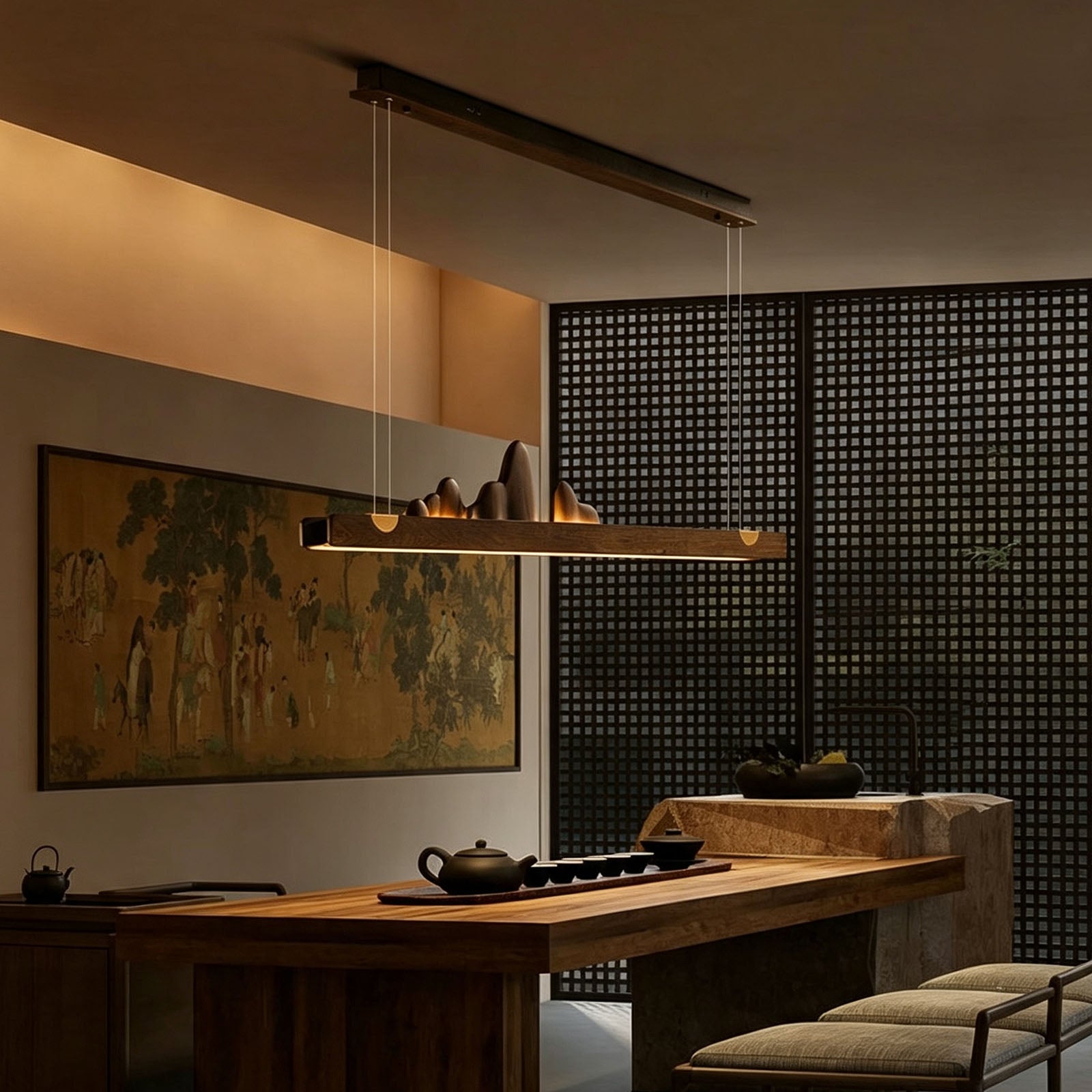 WOMO Rock‑Inspired Wooden Linear Pendant Light-WM3246