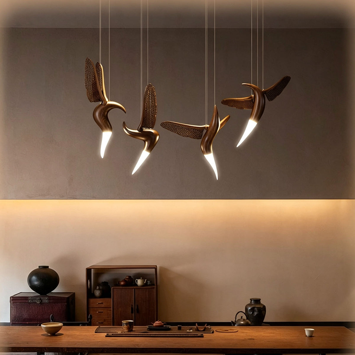 WOMO Hummingbird Multi‑Drop Wooden Pendant Light-WM3250