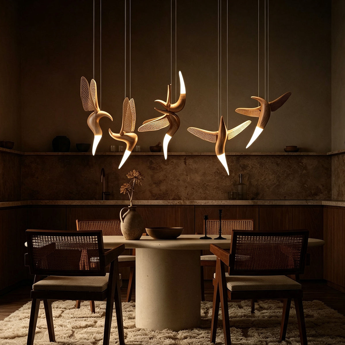 WOMO Hummingbird Multi‑Drop Wooden Pendant Light-WM3250