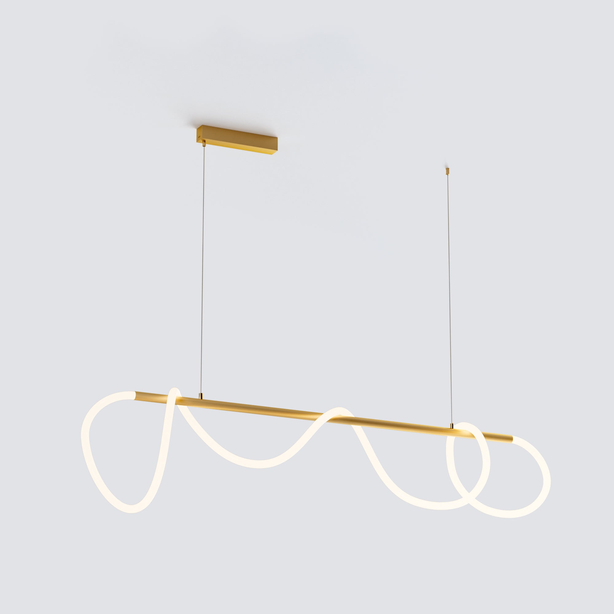 Polished-brass linear light fixture with an illuminated rope draped in asymmetric loops, shown in an alternate listing image.