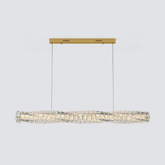 Front view of a gold linear crystal chandelier with two suspension cables and a gently twisted crystal bar.
