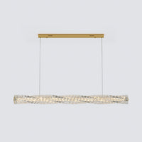 Longer gold modern linear chandelier shown from the front with a wave-like crystal body and slim ceiling canopy.