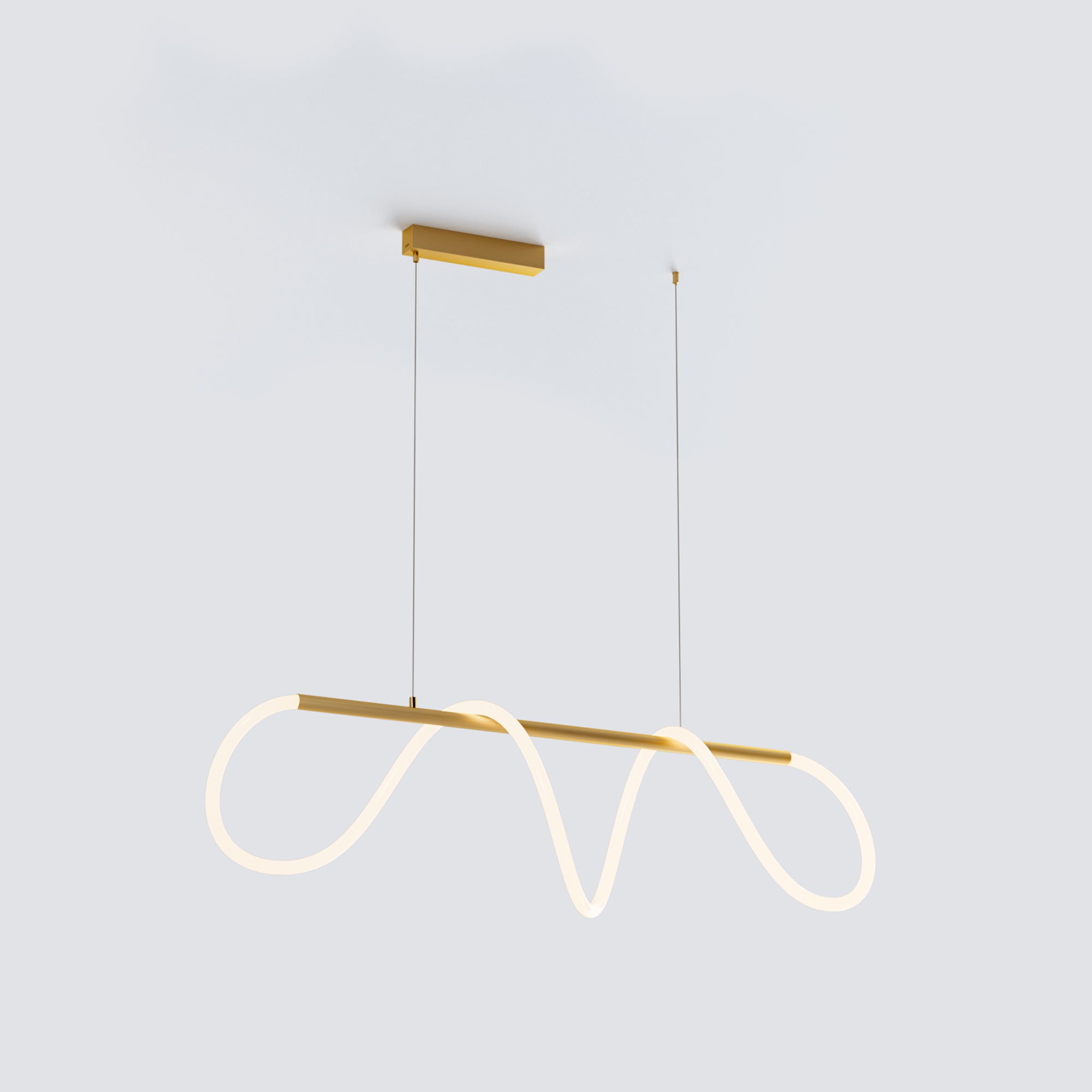 Modern linear chandelier in polished brass with a illuminated rope loop, shown as an alternate listing image on a pale gray background.