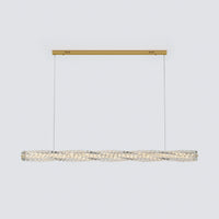 Wide gold long modern crystal chandelier with a wave-shaped crystal bar, two suspension cables and a slim canopy.
