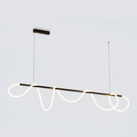 Long black linear chandelier with a flowing illuminated rope silhouette and two suspension cables on a pale gray background.