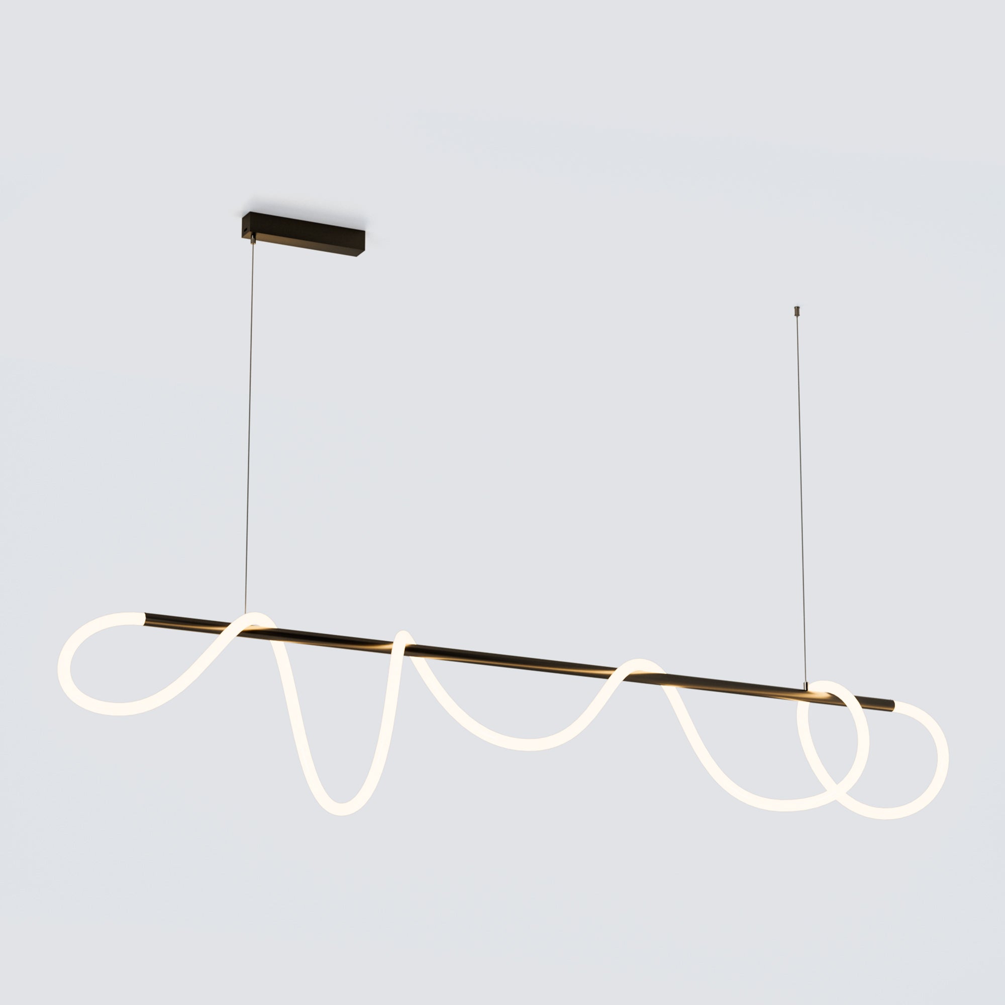 Long black linear chandelier with a flowing illuminated rope silhouette and two suspension cables on a pale gray background.