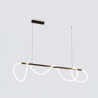 Mid-length linear pendant lighting with a matte-black bar and illuminated silicone rope forming wide asymmetric loops.