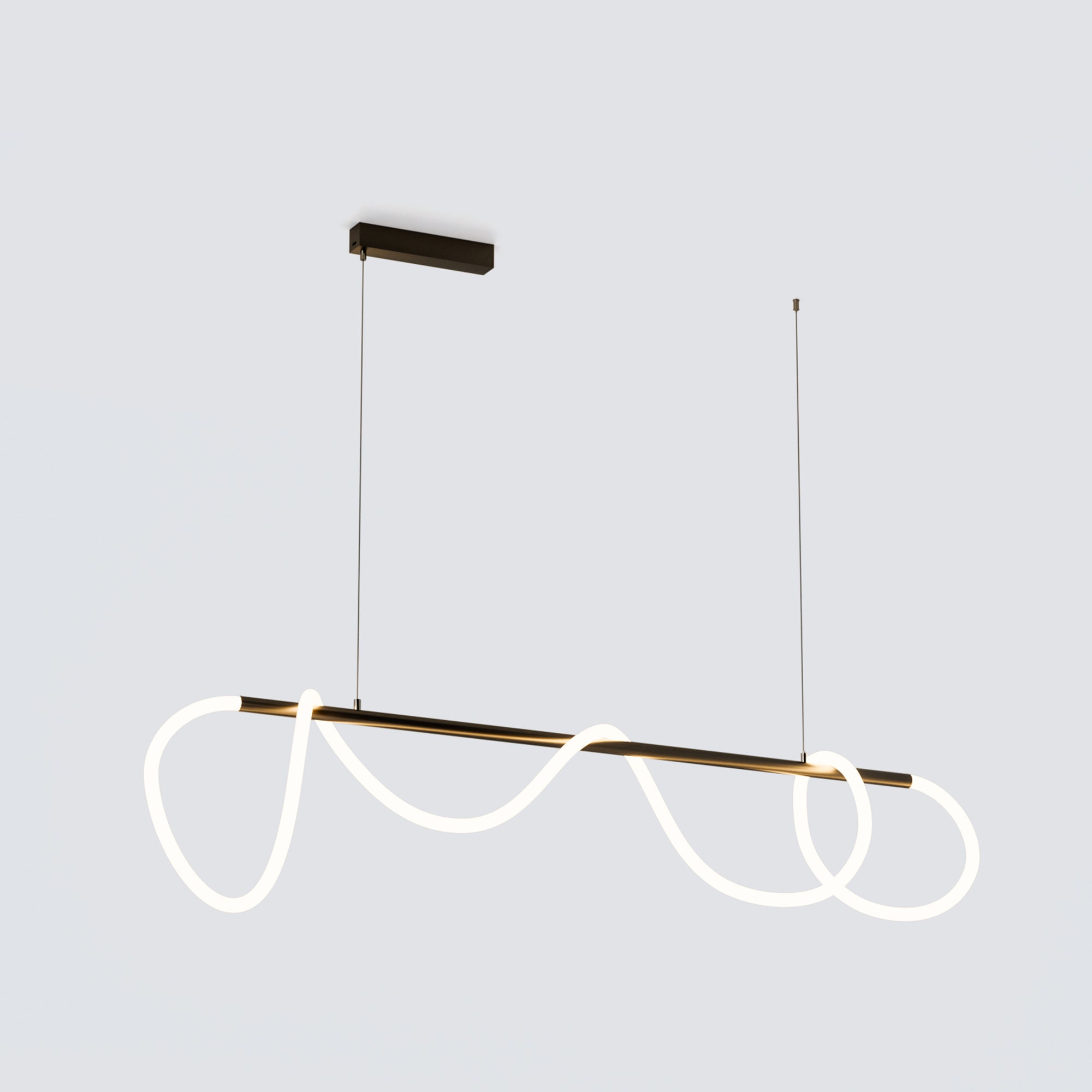 A modern linear LED pendant light with glowing white curved loops and a brushed gold horizontal bar, suspended from a black ceiling canopy against a light gray background.