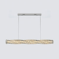 Silver linear crystal chandelier shown from the front with a twisted crystal bar and matching silver ceiling canopy.