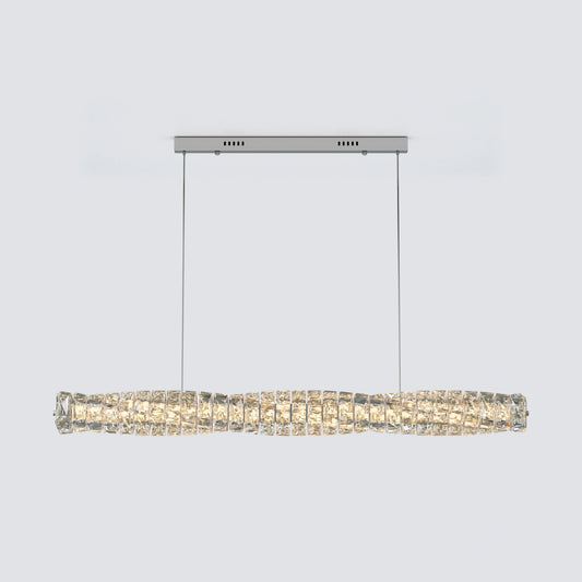 Silver linear crystal chandelier shown from the front with a twisted crystal bar and matching silver ceiling canopy.