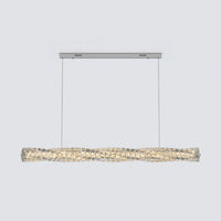 Silver modern linear chandelier with a gently twisting crystal bar and matching ceiling canopy on a light gray background.