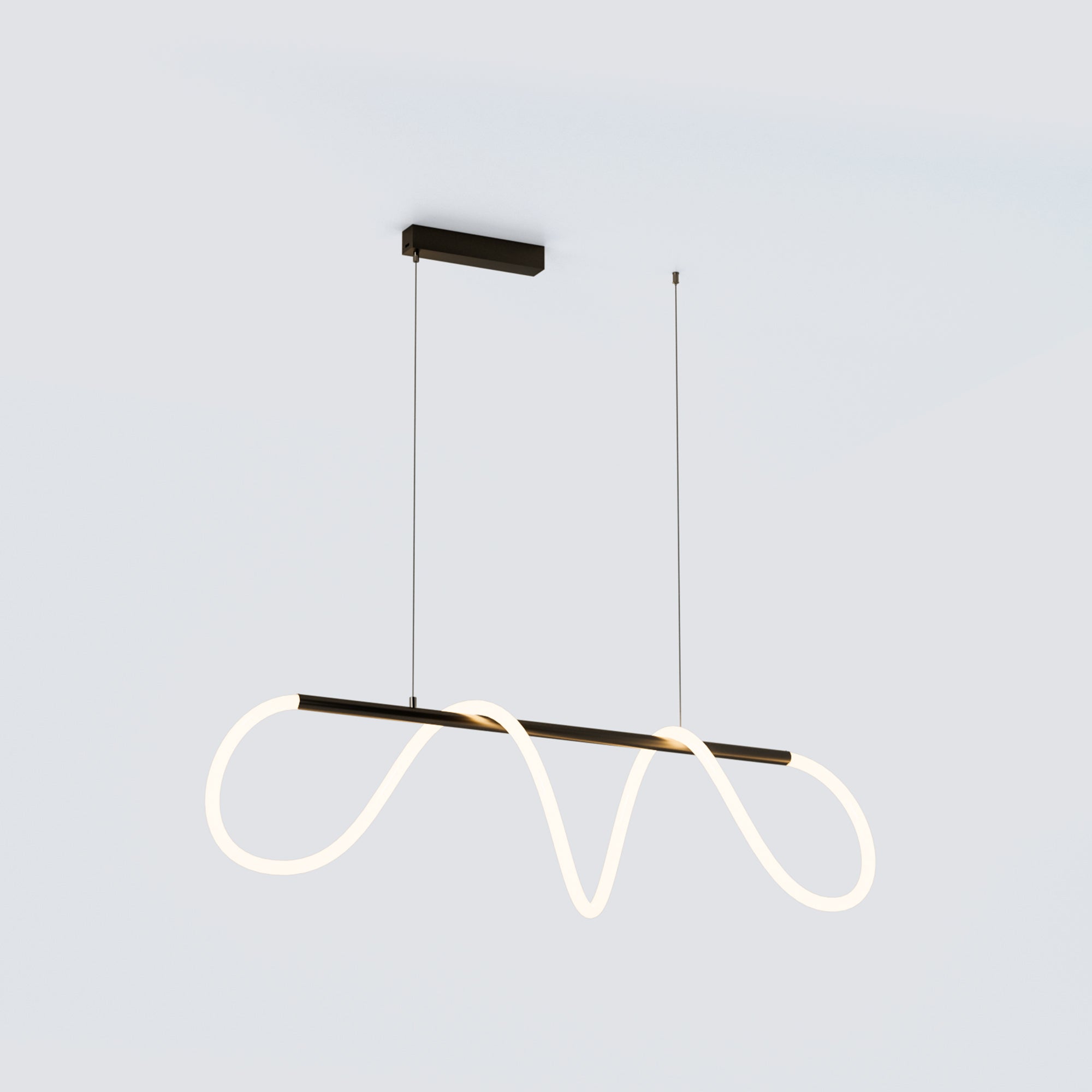 Compact black linear chandelier with a luminous silicone loop, a matte-black bar and matching rectangular ceiling canopy.