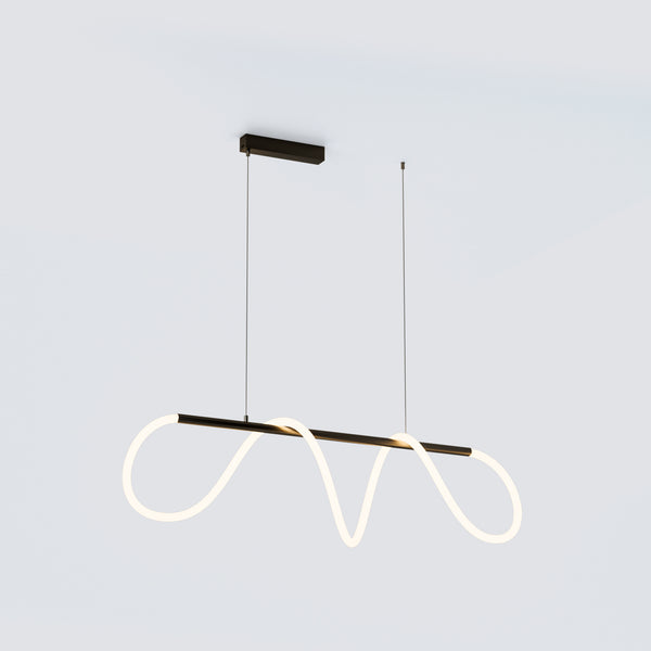 Compact black linear chandelier with a luminous silicone loop, a matte-black bar and matching rectangular ceiling canopy.