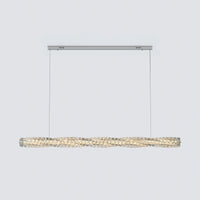 Wide silver rectangular crystal chandelier with an elongated wave of faceted crystals suspended from two cables.