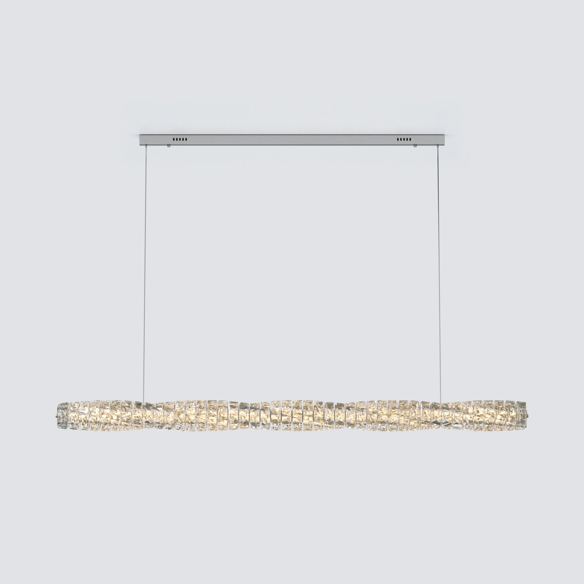Wide silver rectangular crystal chandelier with an elongated wave of faceted crystals suspended from two cables.