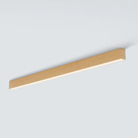 A modern linear LED ceiling light fixture with a natural light wood finish, shown mounted against a plain light gray wall.