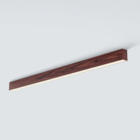 A modern linear ceiling light fixture with a dark brown wood grain finish and a warm white LED light strip, shown against a light gray background.