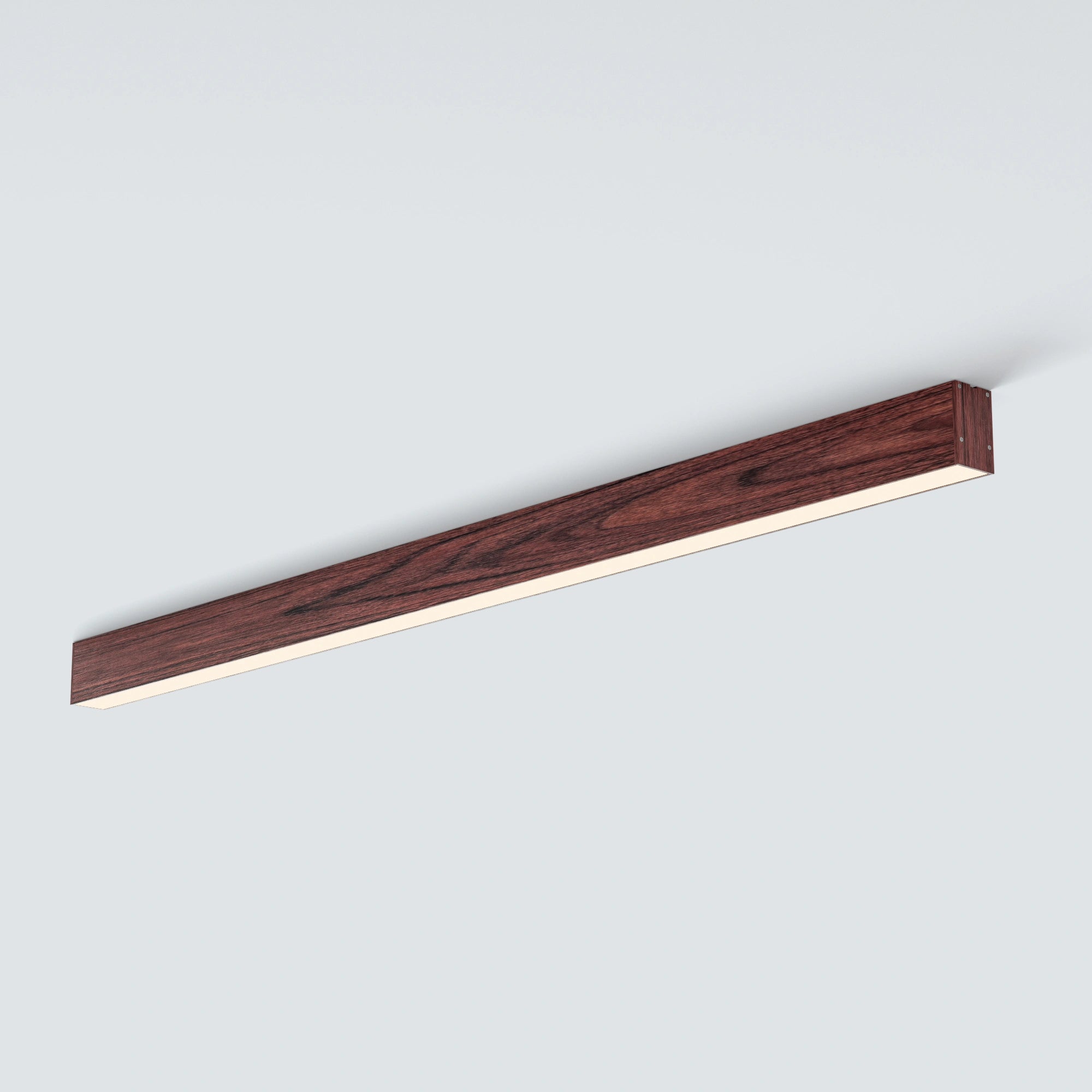 A modern linear ceiling light fixture with a dark brown wood grain finish and a warm white LED light strip, shown against a light gray background.