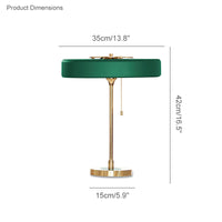 Green mid century table lamp dimension diagram showing a 35 cm shade width, 42 cm height and 15 cm base.