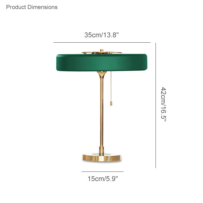 Green mid century table lamp dimension diagram showing a 35 cm shade width, 42 cm height and 15 cm base.