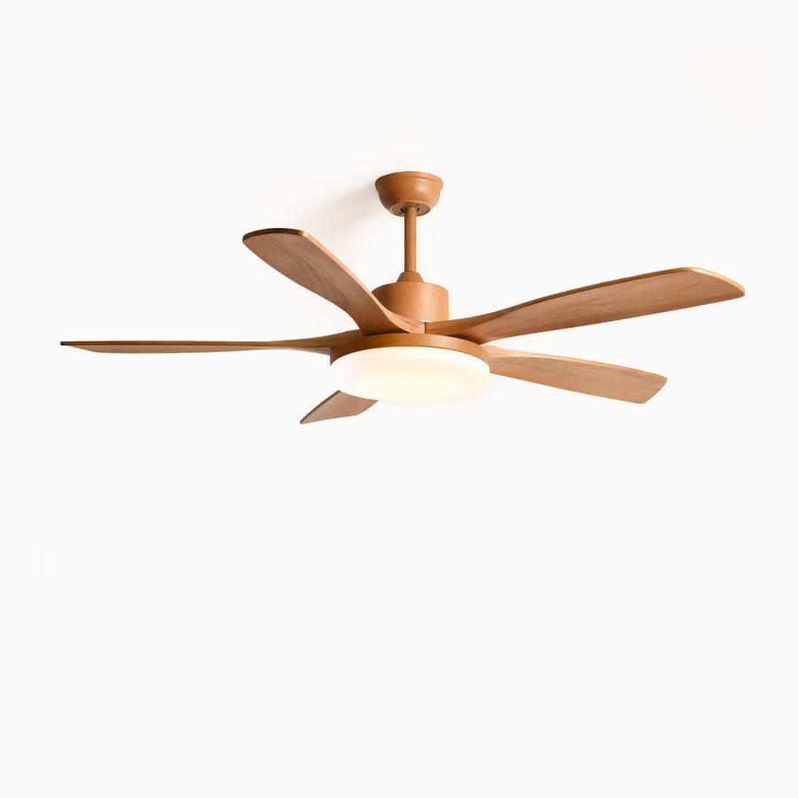Scandi wood ceiling fan with light and remote, WM5002, shown as the main product image with wood blades and integrated LED.